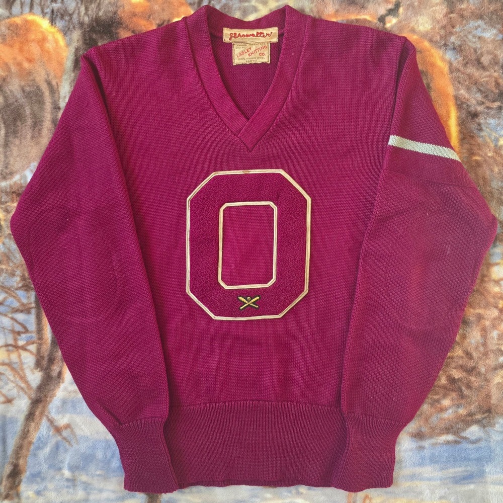 Vintage Mid-Century College "O" Baseball Virgin Wool Heavy Knit Sweater sz S/M